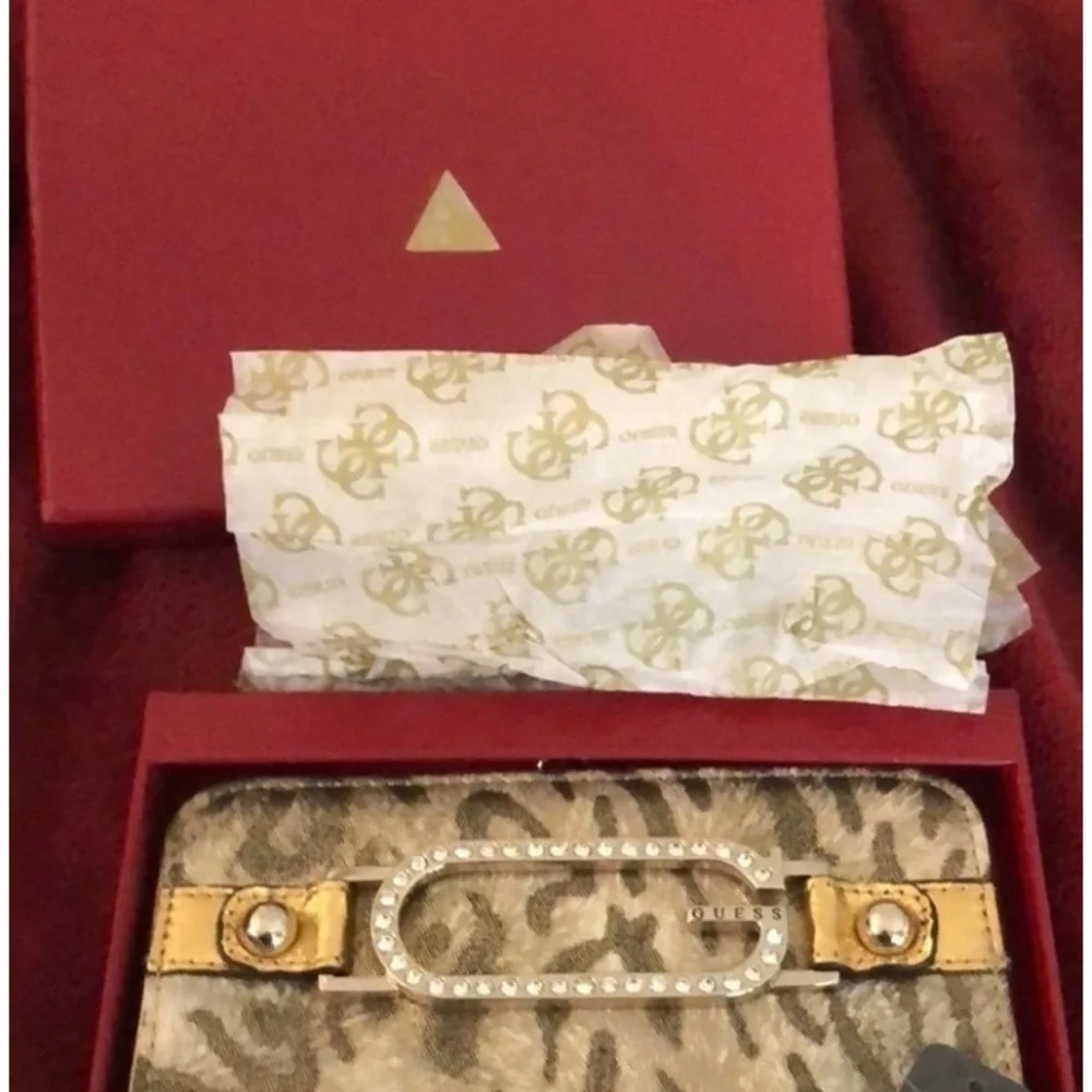 Guess gold metallic & animal print walllet clutch Rhinestone detail NIB